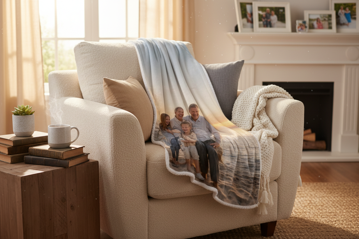 create a homepage picture for my website that sells custom picture blankets 